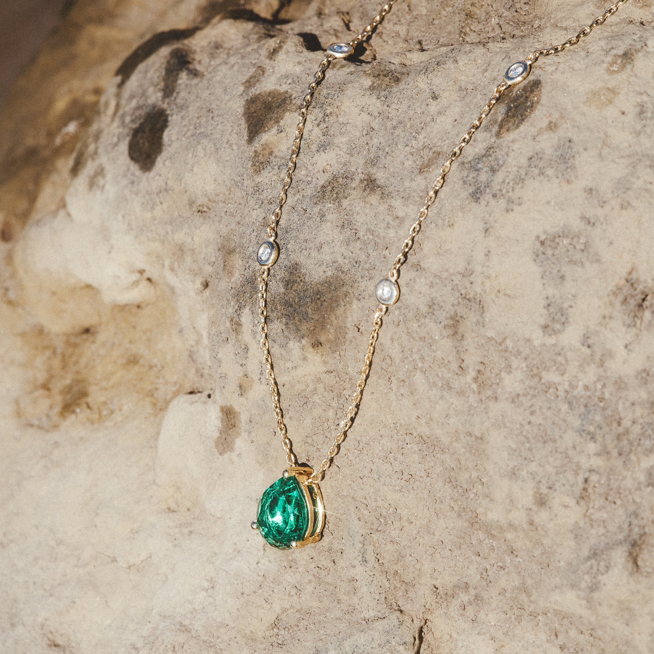 Astra 2.40ct Lab Emerald and Diamond Solitaire Pear Cut Necklace in 18K Gold Vermeil